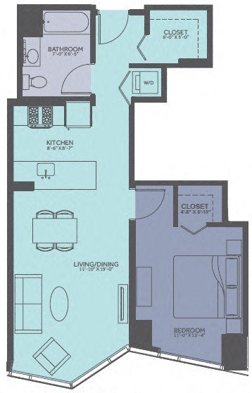 Floor plan for 1 bed, 1 bath, 773 sqft